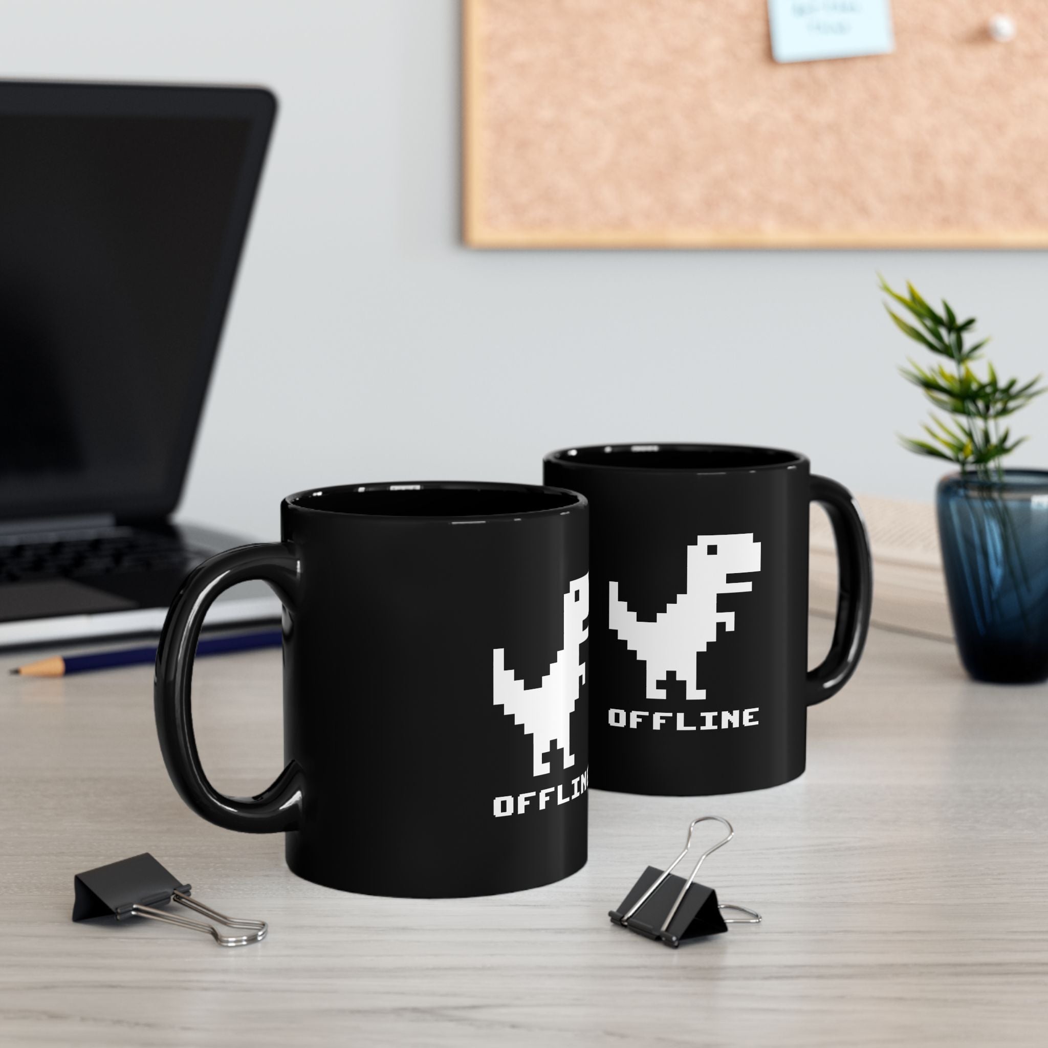 Offline - Pixelated Dinosaur Error Message - Black Glossy Mug