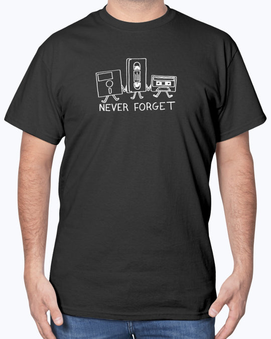 Never Forget Cassette Tapes VHS Floppy Disks - Retro Geek Unisex T-Shirt