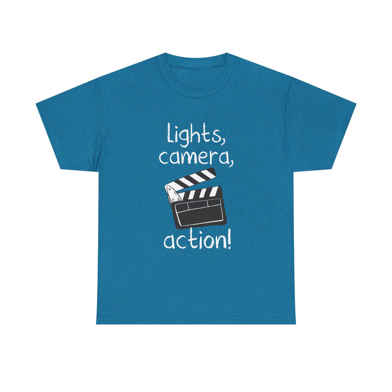 Lights Camera Action T-Shirt, Movie Film Clapboard Tee, Film Buff Gift, Geek T-Shirt, Nerd Shirt, Cinema Lover Top, Film Set Apparel