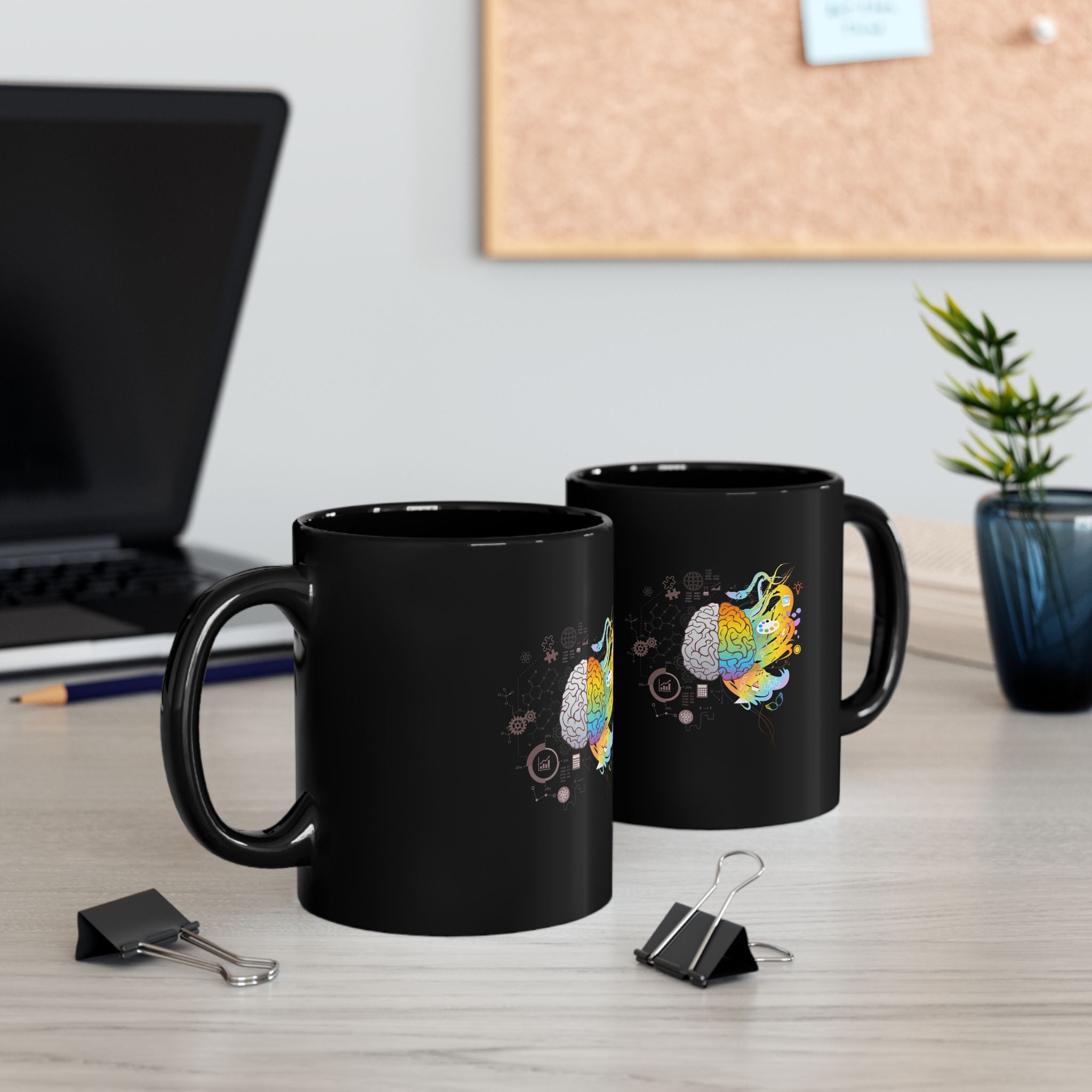 Creative Scientific Brain Illustration - Black Glossy Mug