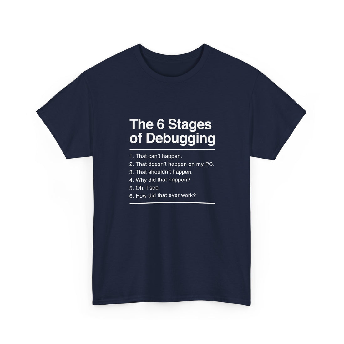 The 6 Stages Of Debugging - Coder Shirt - It Shirt - Regular Unisex Crewneck T-Shirt