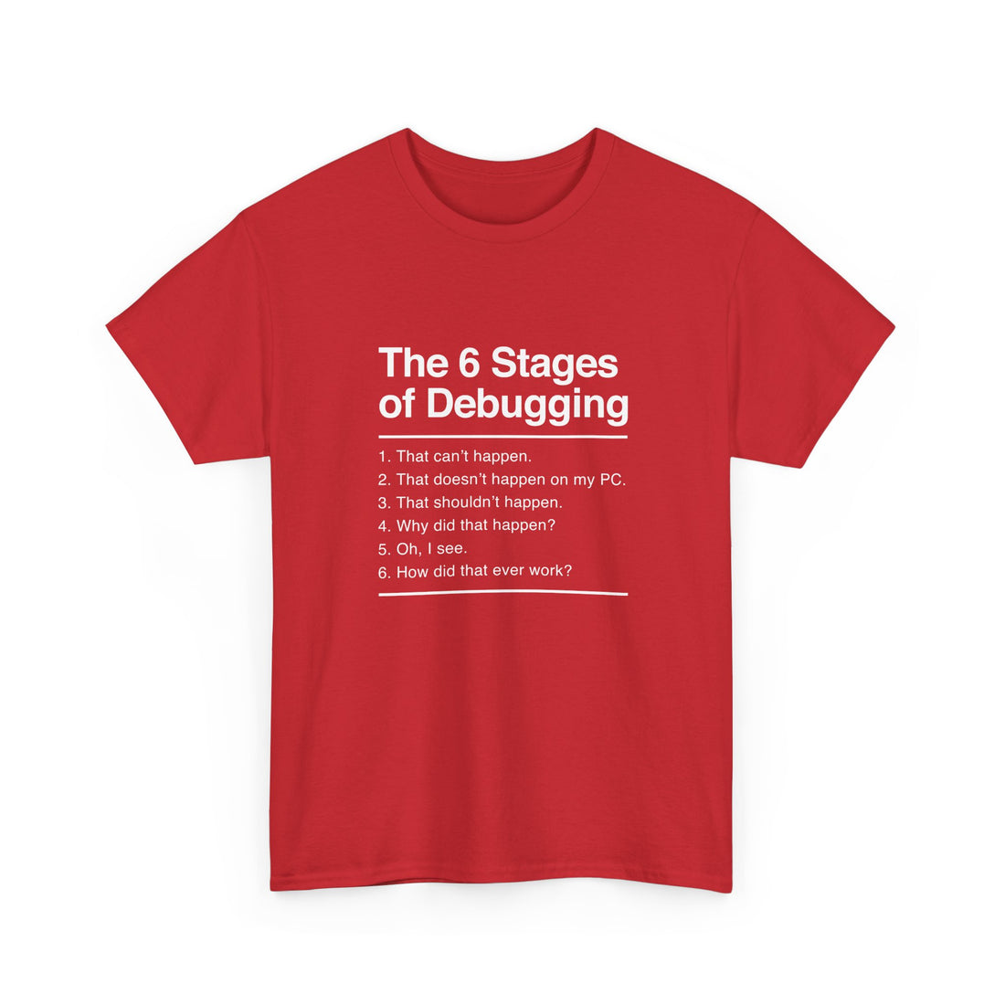 The 6 Stages Of Debugging - Coder Shirt - It Shirt - Regular Unisex Crewneck T-Shirt