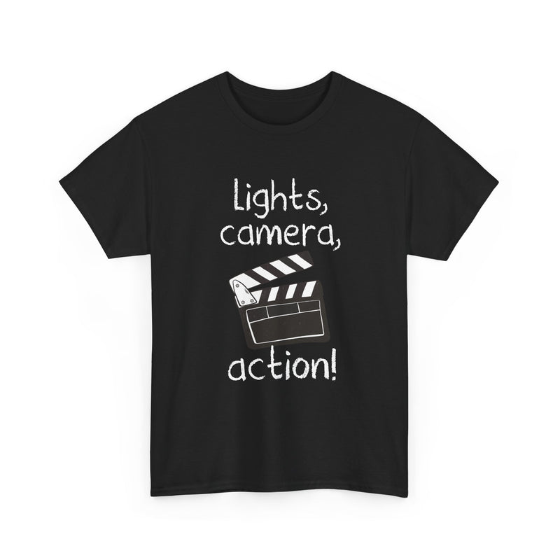 Lights Camera Action T-Shirt, Movie Film Clapboard Tee, Film Buff Gift, Geek T-Shirt, Nerd Shirt, Cinema Lover Top, Film Set Apparel