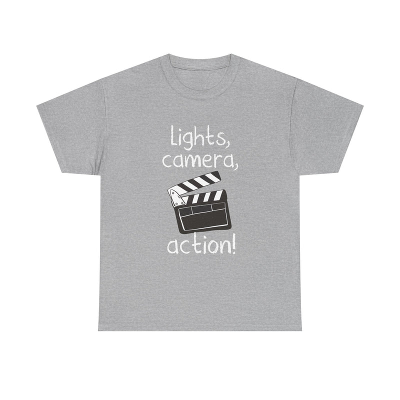 Lights Camera Action T-Shirt, Movie Film Clapboard Tee, Film Buff Gift, Geek T-Shirt, Nerd Shirt, Cinema Lover Top, Film Set Apparel