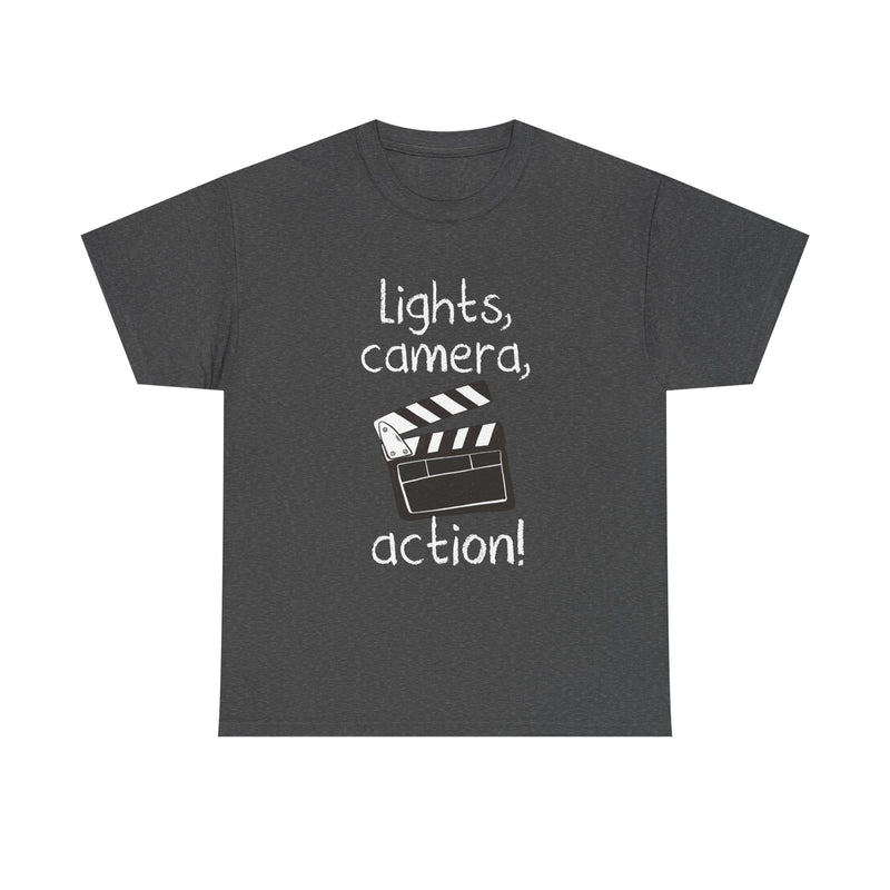 Lights Camera Action T-Shirt, Movie Film Clapboard Tee, Film Buff Gift, Geek T-Shirt, Nerd Shirt, Cinema Lover Top, Film Set Apparel