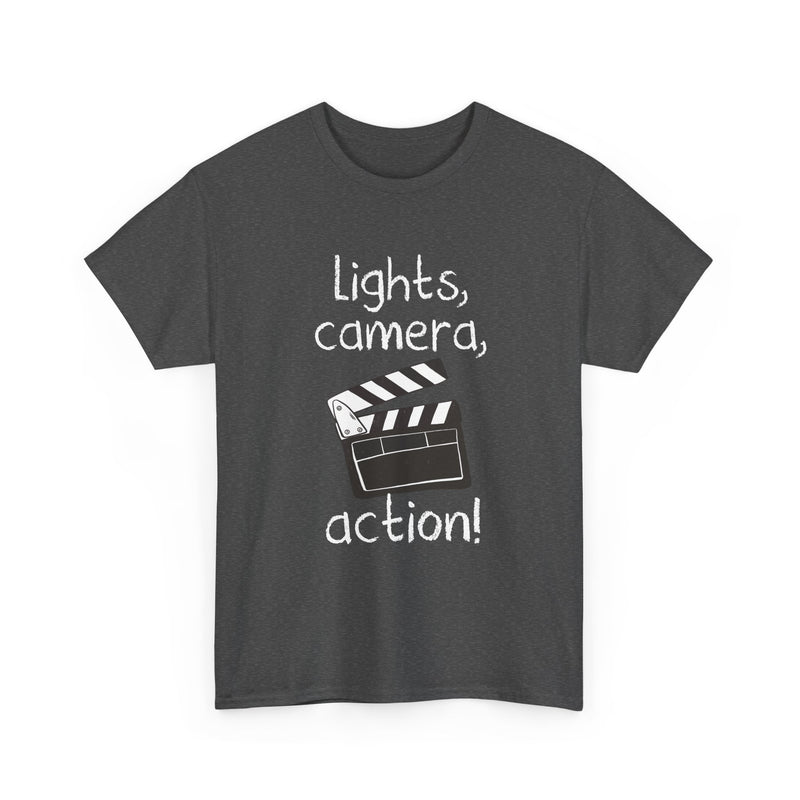 Lights Camera Action T-Shirt, Movie Film Clapboard Tee, Film Buff Gift, Geek T-Shirt, Nerd Shirt, Cinema Lover Top, Film Set Apparel