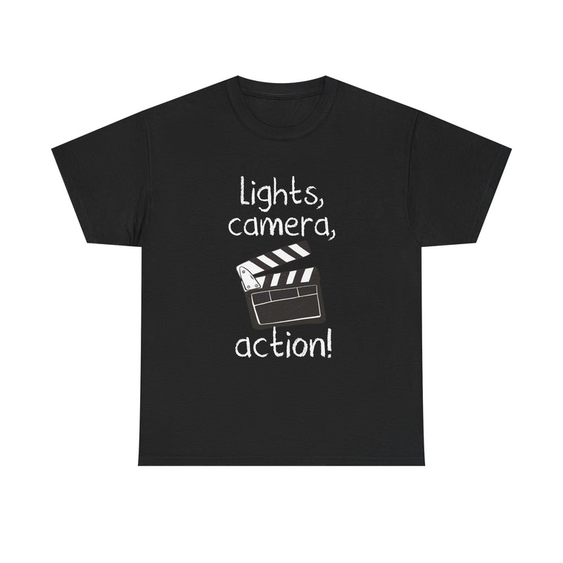 Lights Camera Action T-Shirt, Movie Film Clapboard Tee, Film Buff Gift, Geek T-Shirt, Nerd Shirt, Cinema Lover Top, Film Set Apparel