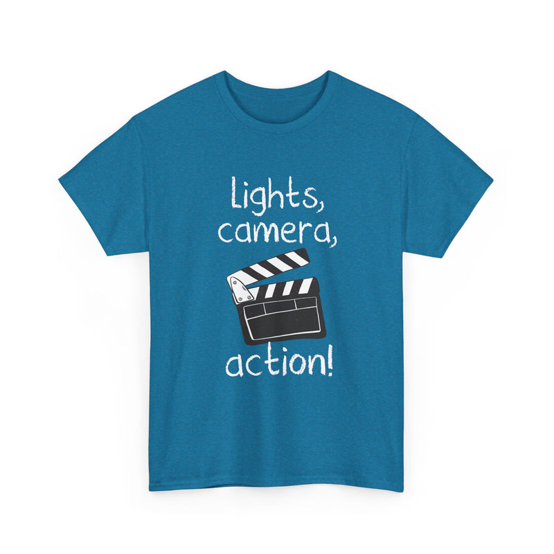 Lights Camera Action T-Shirt, Movie Film Clapboard Tee, Film Buff Gift, Geek T-Shirt, Nerd Shirt, Cinema Lover Top, Film Set Apparel