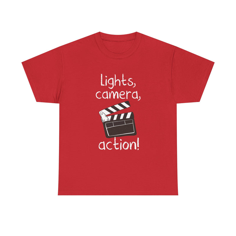 Lights Camera Action T-Shirt, Movie Film Clapboard Tee, Film Buff Gift, Geek T-Shirt, Nerd Shirt, Cinema Lover Top, Film Set Apparel