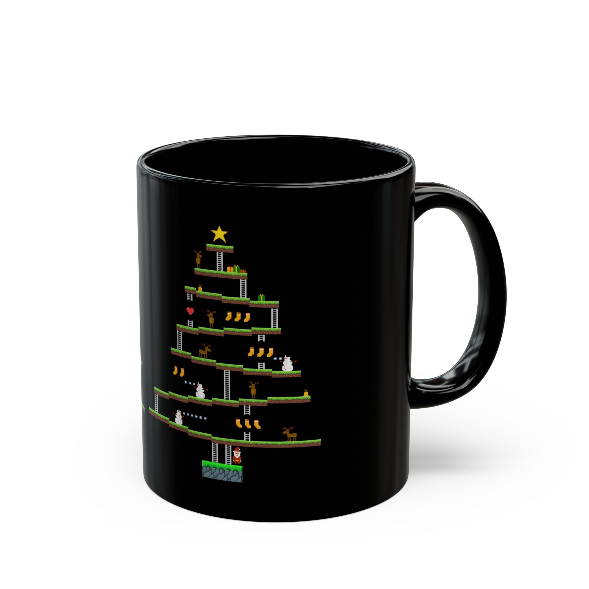 8-Bit Arcade Platformer Christmas Tree Black Glossy Mug