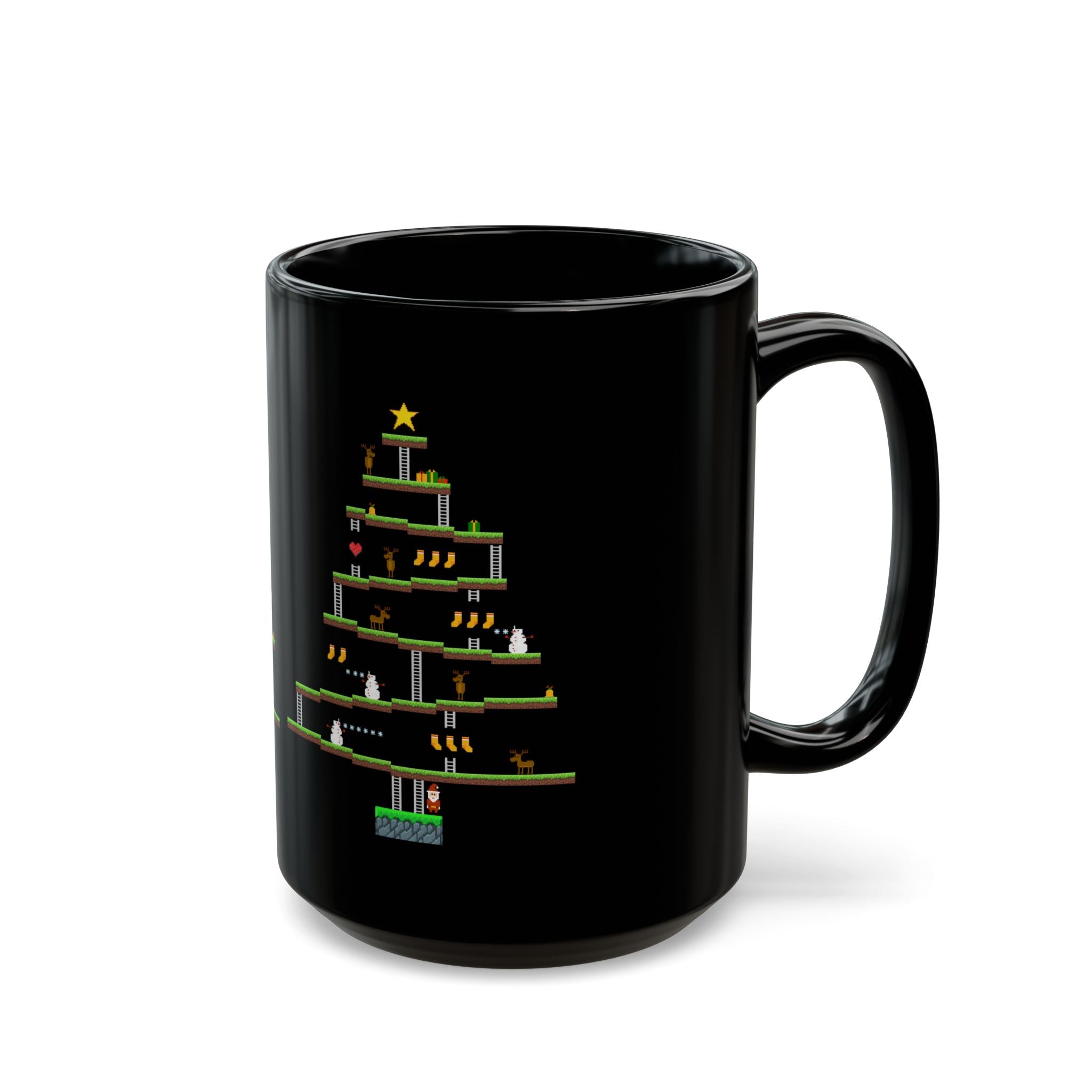8-Bit Arcade Platformer Christmas Tree Black Glossy Mug