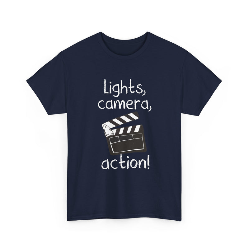 Lights Camera Action T-Shirt, Movie Film Clapboard Tee, Film Buff Gift, Geek T-Shirt, Nerd Shirt, Cinema Lover Top, Film Set Apparel