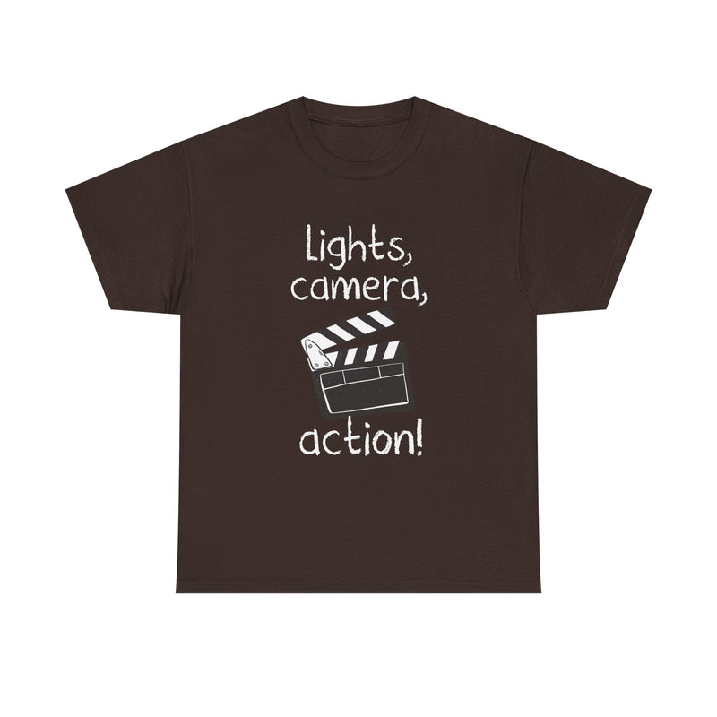 Lights Camera Action T-Shirt, Movie Film Clapboard Tee, Film Buff Gift, Geek T-Shirt, Nerd Shirt, Cinema Lover Top, Film Set Apparel