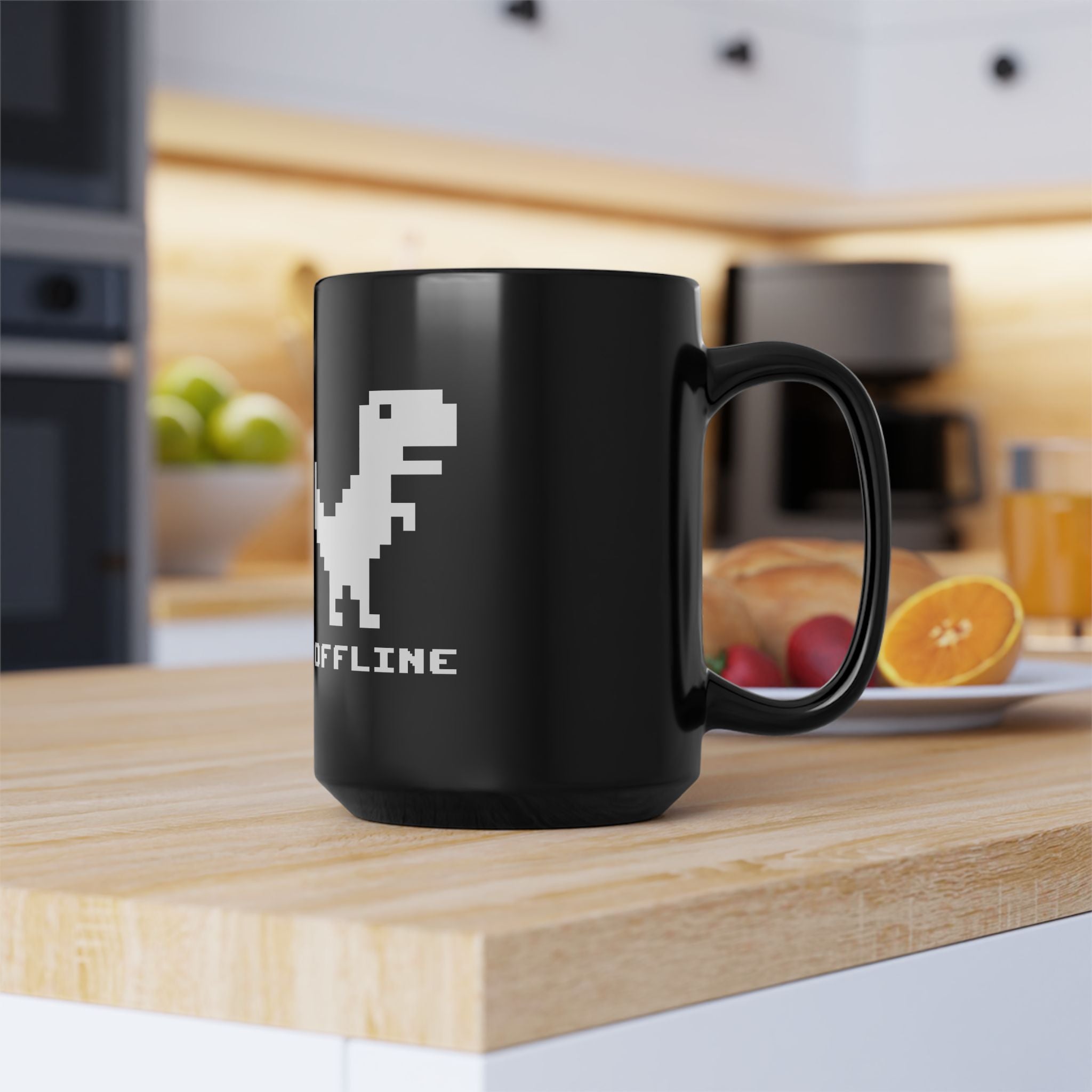 Offline - Pixelated Dinosaur Error Message - Black Glossy Mug