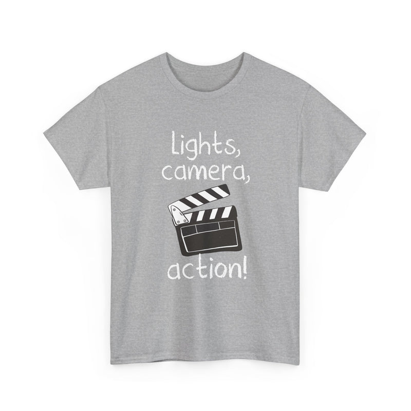 Lights Camera Action T-Shirt, Movie Film Clapboard Tee, Film Buff Gift, Geek T-Shirt, Nerd Shirt, Cinema Lover Top, Film Set Apparel