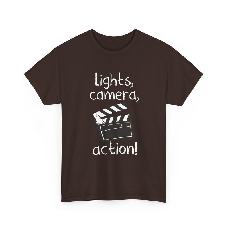 Lights Camera Action T-Shirt, Movie Film Clapboard Tee, Film Buff Gift, Geek T-Shirt, Nerd Shirt, Cinema Lover Top, Film Set Apparel