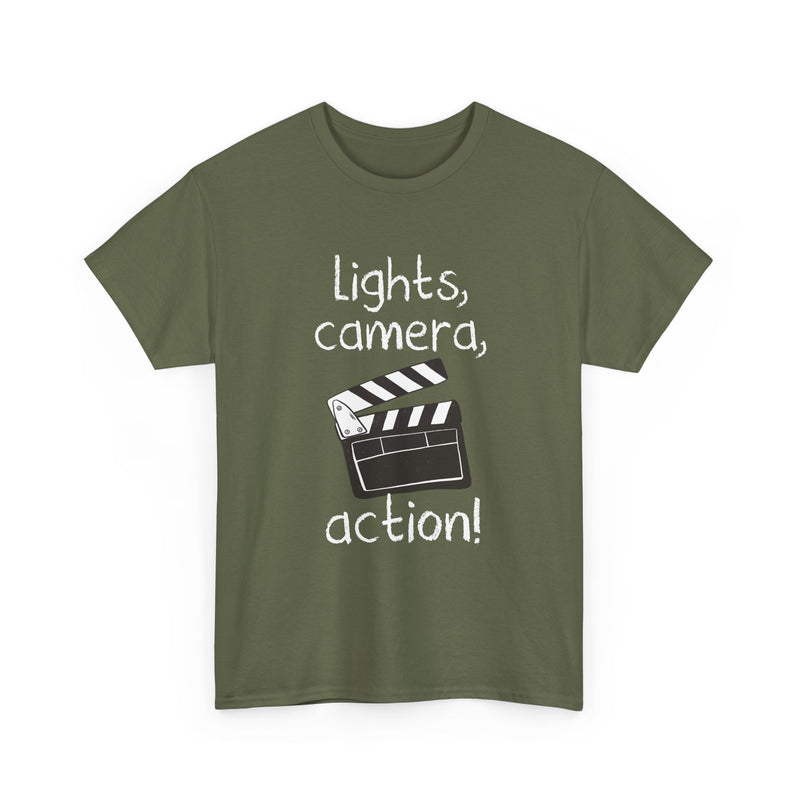 Lights Camera Action T-Shirt, Movie Film Clapboard Tee, Film Buff Gift, Geek T-Shirt, Nerd Shirt, Cinema Lover Top, Film Set Apparel