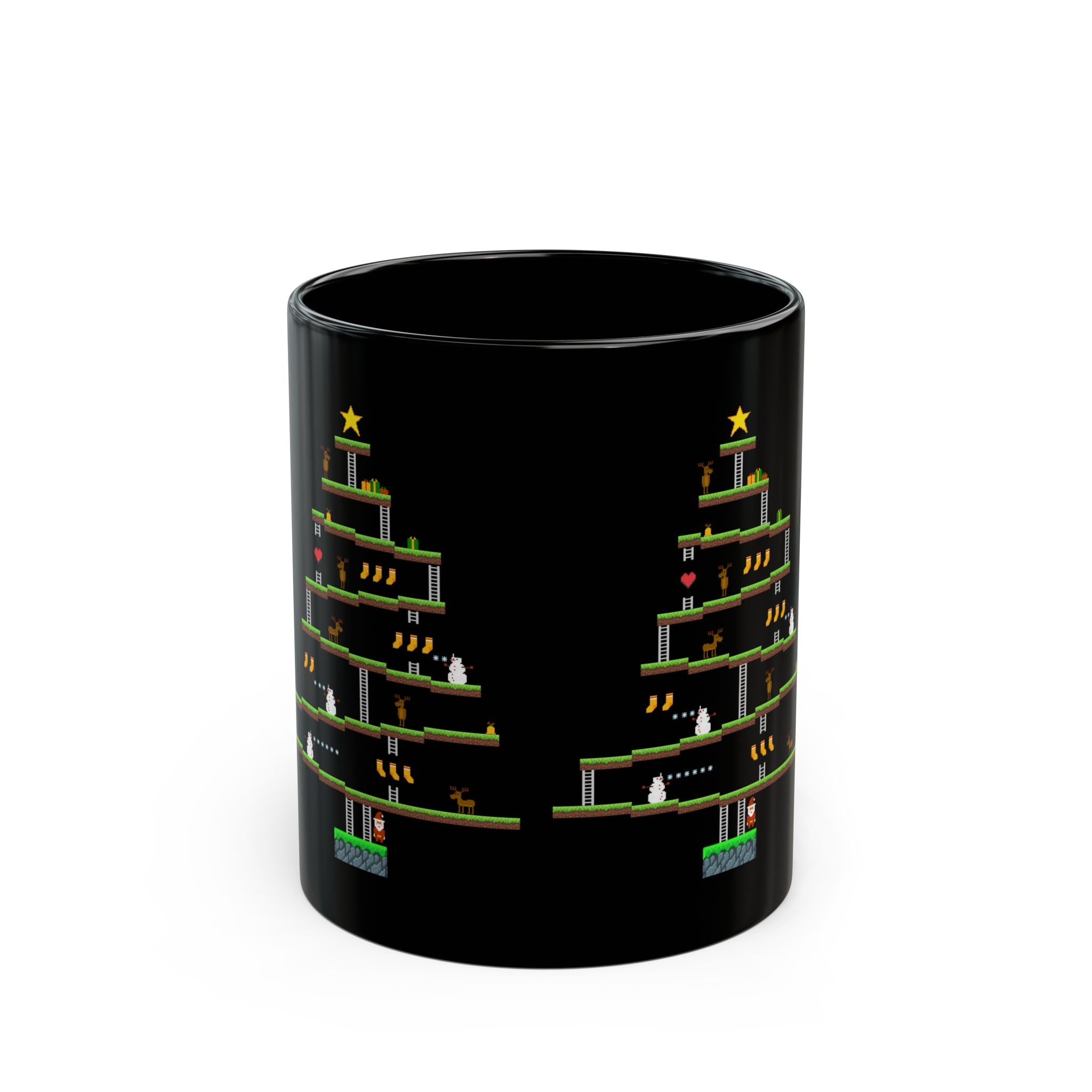 8-Bit Arcade Platformer Christmas Tree Black Glossy Mug