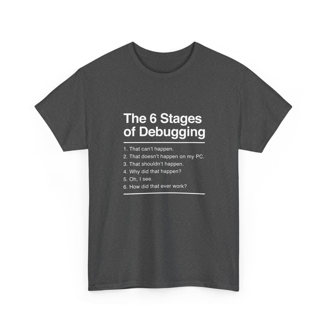 The 6 Stages Of Debugging - Coder Shirt - It Shirt - Regular Unisex Crewneck T-Shirt