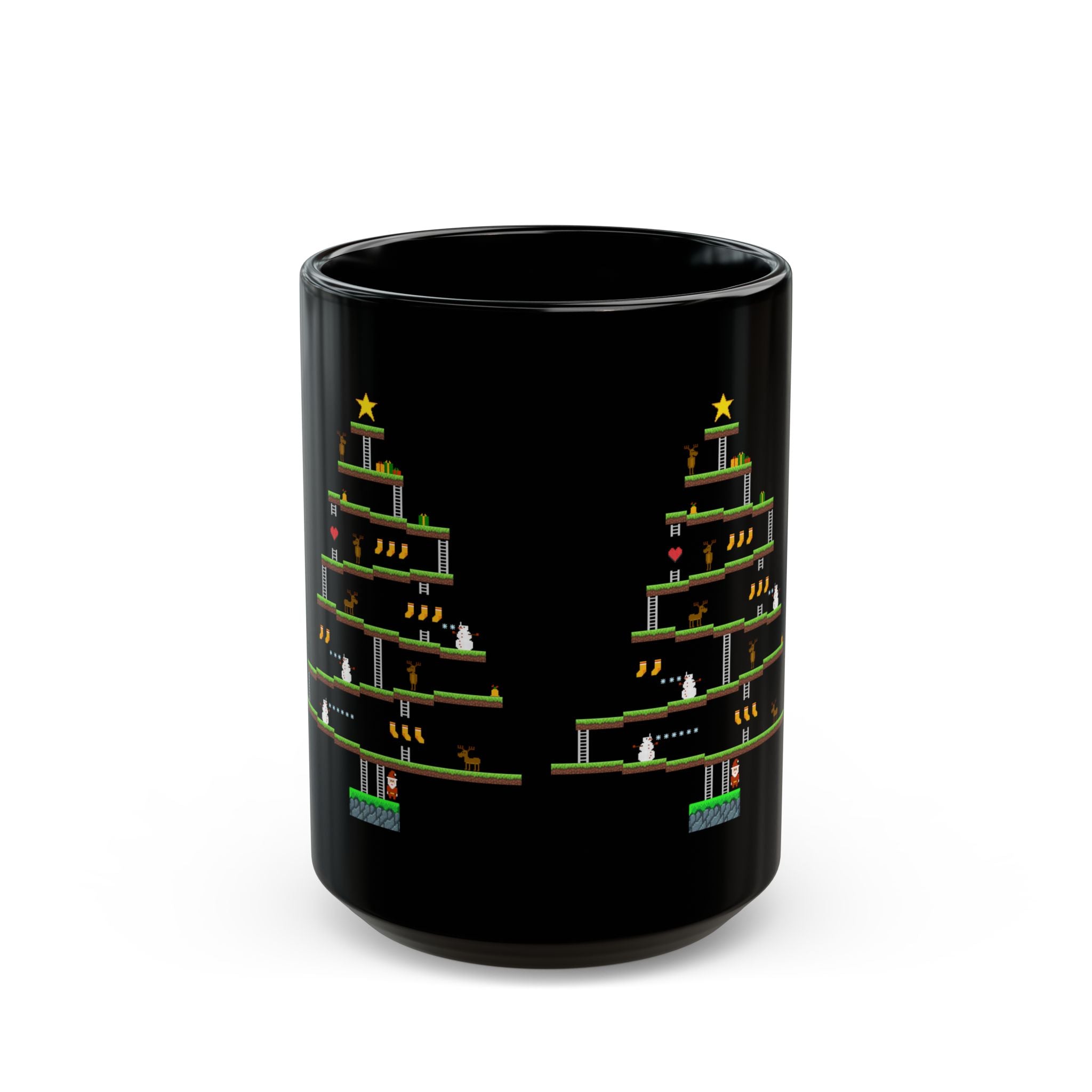 8-Bit Arcade Platformer Christmas Tree Black Glossy Mug