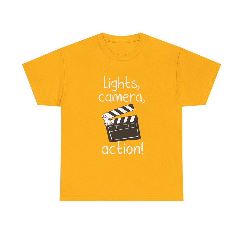 Lights Camera Action T-Shirt, Movie Film Clapboard Tee, Film Buff Gift, Geek T-Shirt, Nerd Shirt, Cinema Lover Top, Film Set Apparel