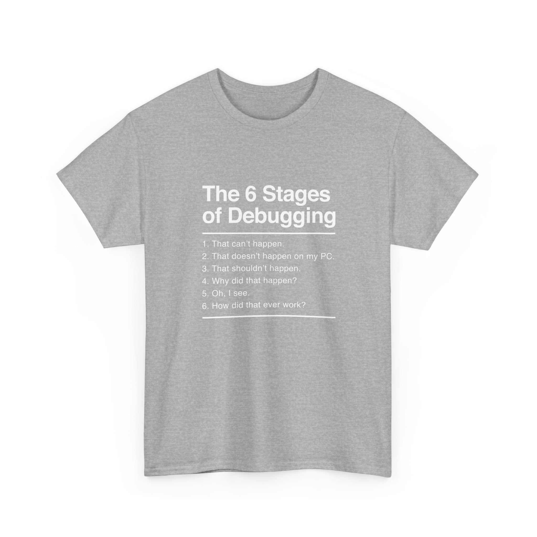 The 6 Stages Of Debugging - Coder Shirt - It Shirt -  Unisex Crewneck T-Shirt