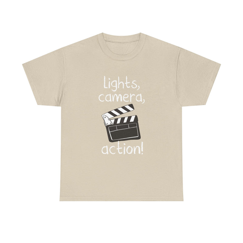 Lights Camera Action T-Shirt, Movie Film Clapboard Tee, Film Buff Gift, Geek T-Shirt, Nerd Shirt, Cinema Lover Top, Film Set Apparel