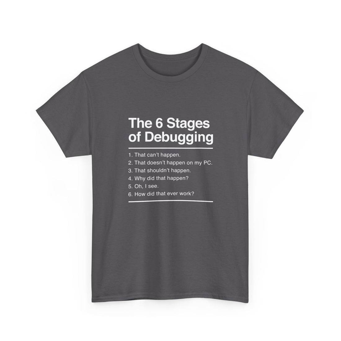The 6 Stages Of Debugging - Coder Shirt - It Shirt - Regular Unisex Crewneck T-Shirt