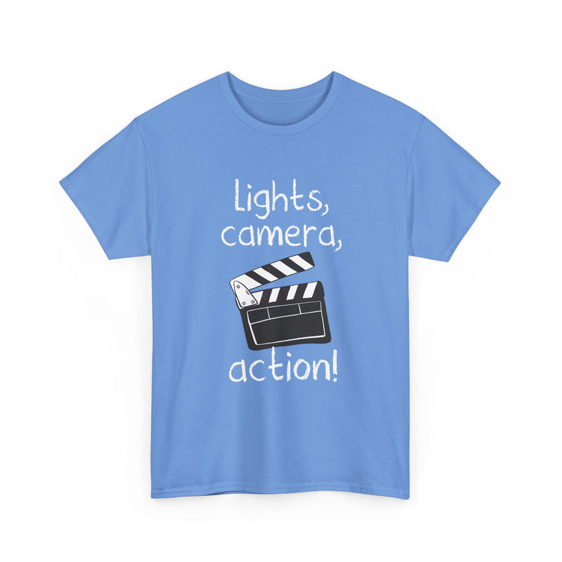Lights Camera Action T-Shirt, Movie Film Clapboard Tee, Film Buff Gift, Geek T-Shirt, Nerd Shirt, Cinema Lover Top, Film Set Apparel