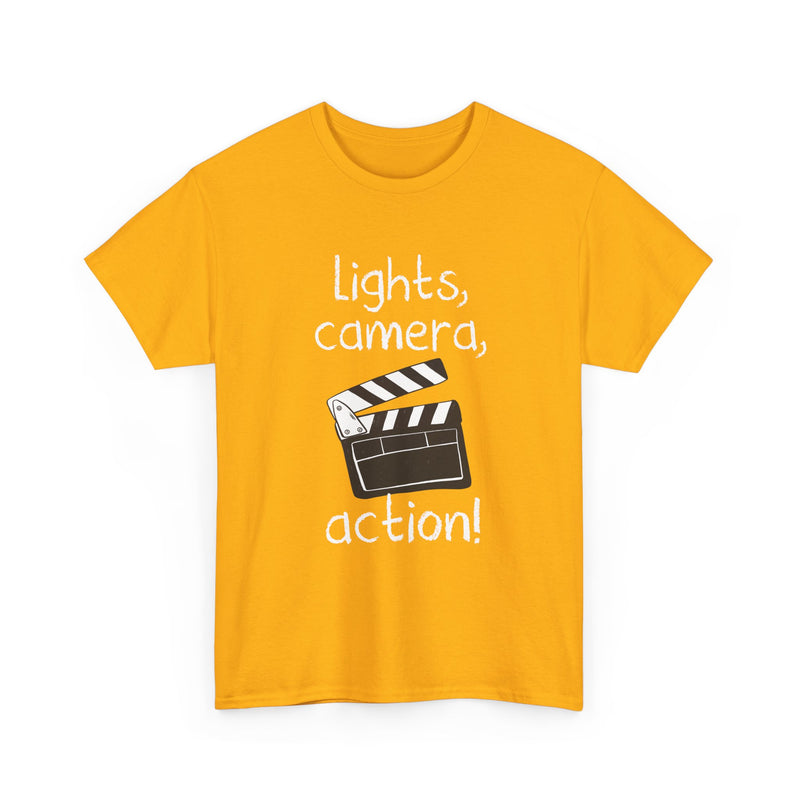 Lights Camera Action T-Shirt, Movie Film Clapboard Tee, Film Buff Gift, Geek T-Shirt, Nerd Shirt, Cinema Lover Top, Film Set Apparel
