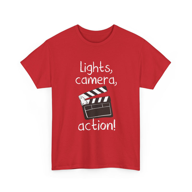 Lights Camera Action T-Shirt, Movie Film Clapboard Tee, Film Buff Gift, Geek T-Shirt, Nerd Shirt, Cinema Lover Top, Film Set Apparel