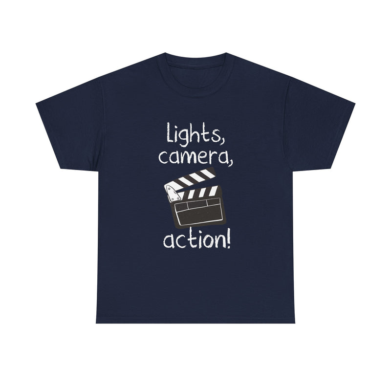 Lights Camera Action T-Shirt, Movie Film Clapboard Tee, Film Buff Gift, Geek T-Shirt, Nerd Shirt, Cinema Lover Top, Film Set Apparel