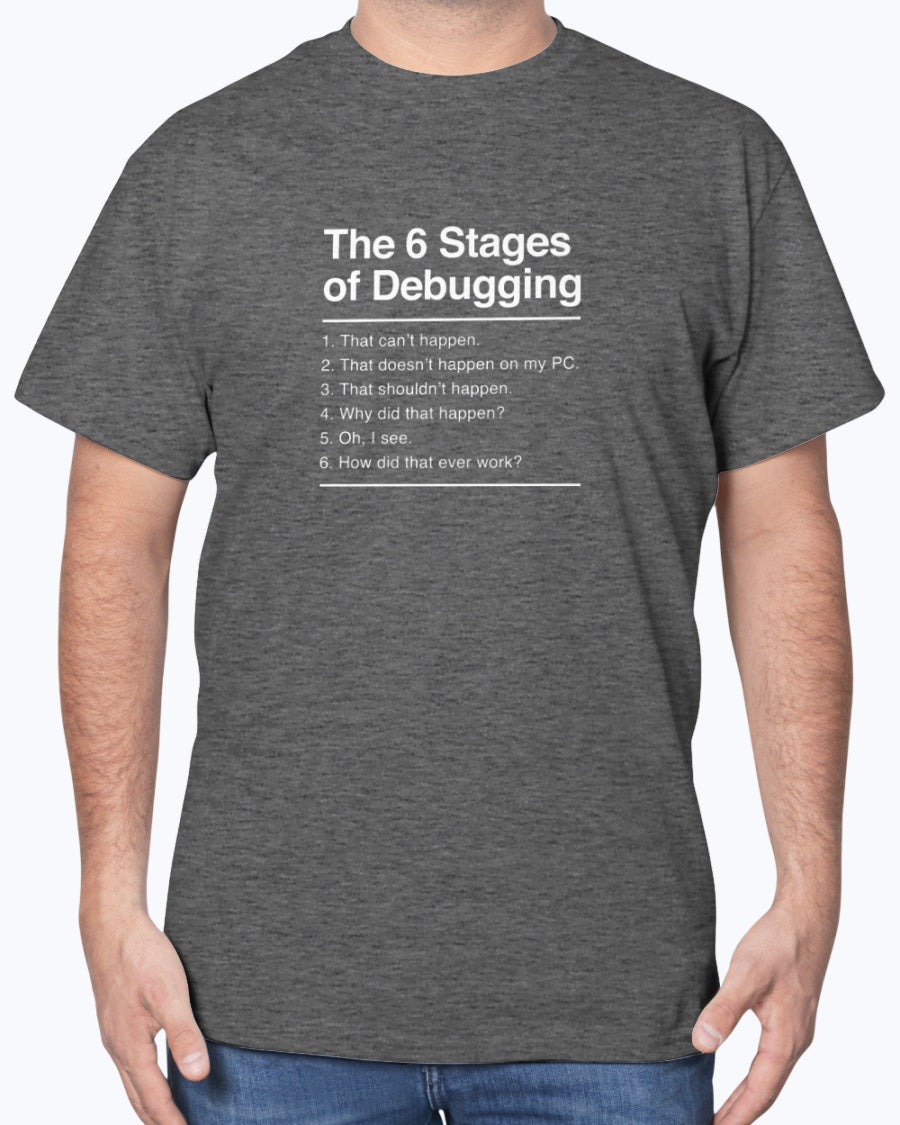 The 6 Stages of Debugging - Coder Shirt - IT Shirt - Developer Unisex T-Shirt