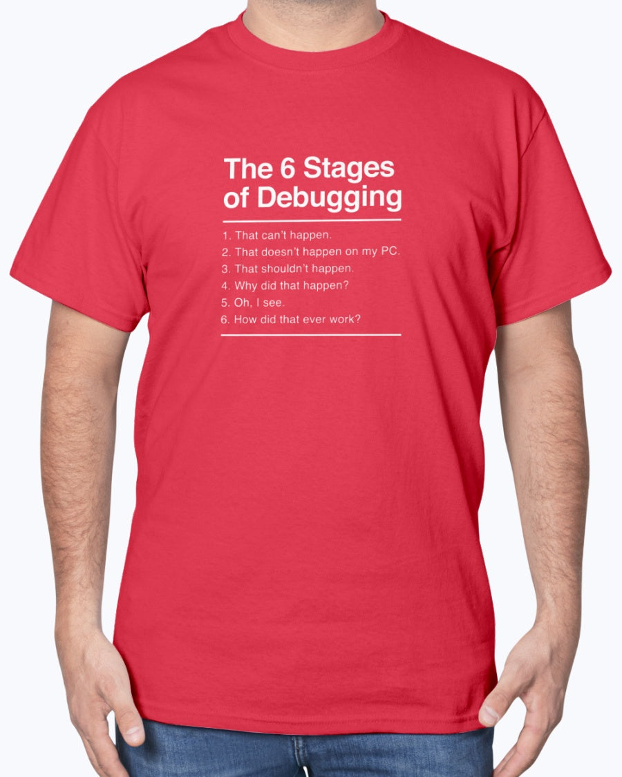 The 6 Stages of Debugging - Coder Shirt - IT Shirt - Developer Unisex T-Shirt