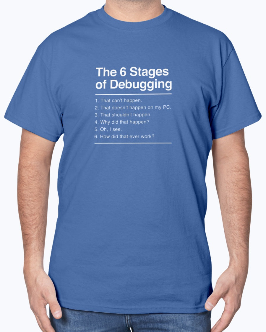 The 6 Stages of Debugging - Coder Shirt - IT Shirt - Developer Unisex T-Shirt