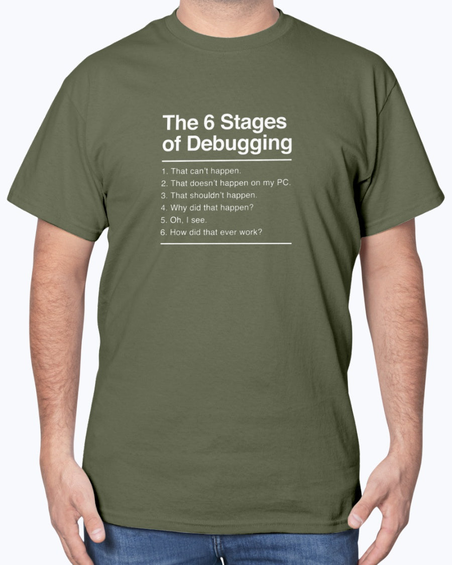 The 6 Stages of Debugging - Coder Shirt - IT Shirt - Developer Unisex T-Shirt