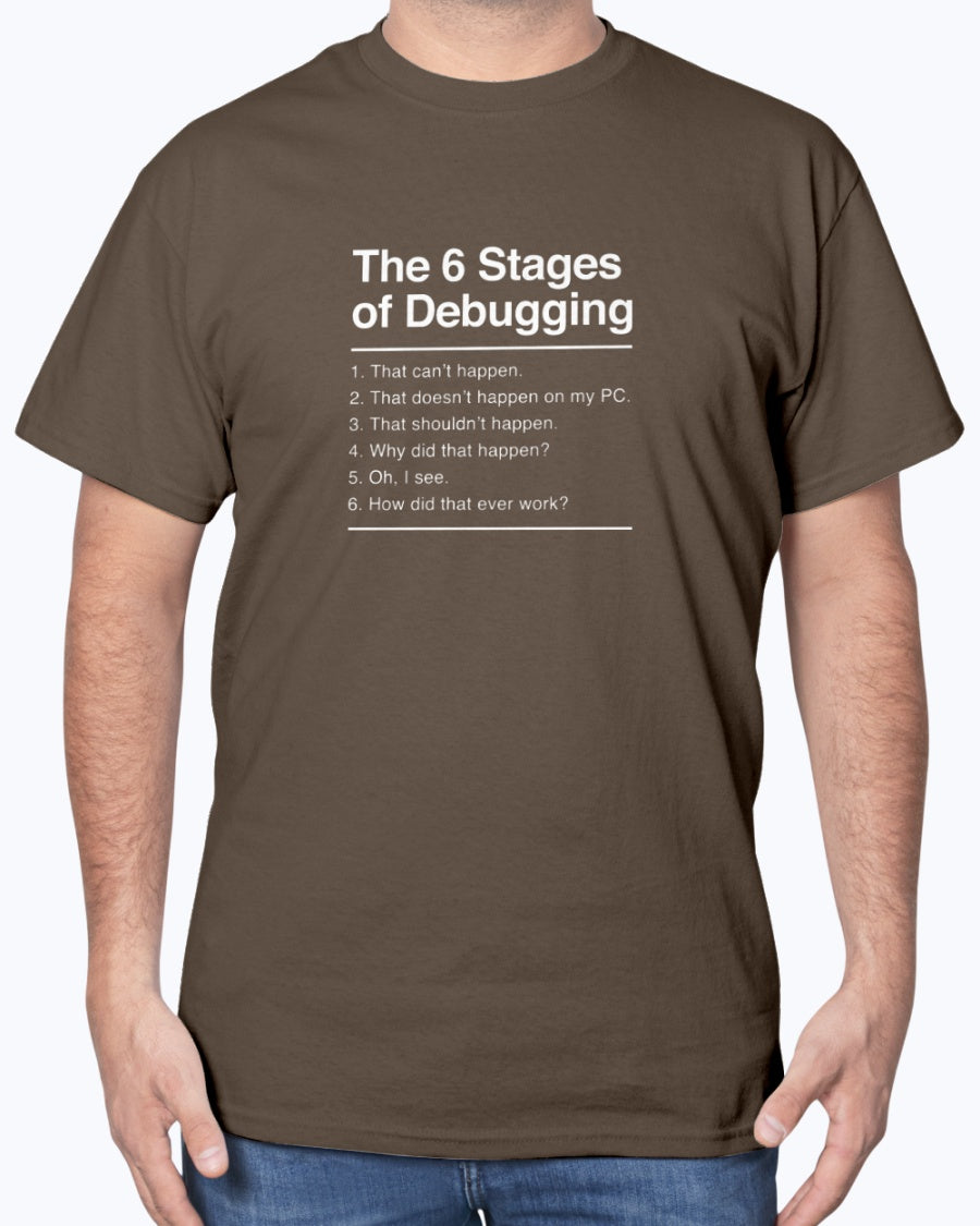 The 6 Stages of Debugging - Coder Shirt - IT Shirt - Developer Unisex T-Shirt