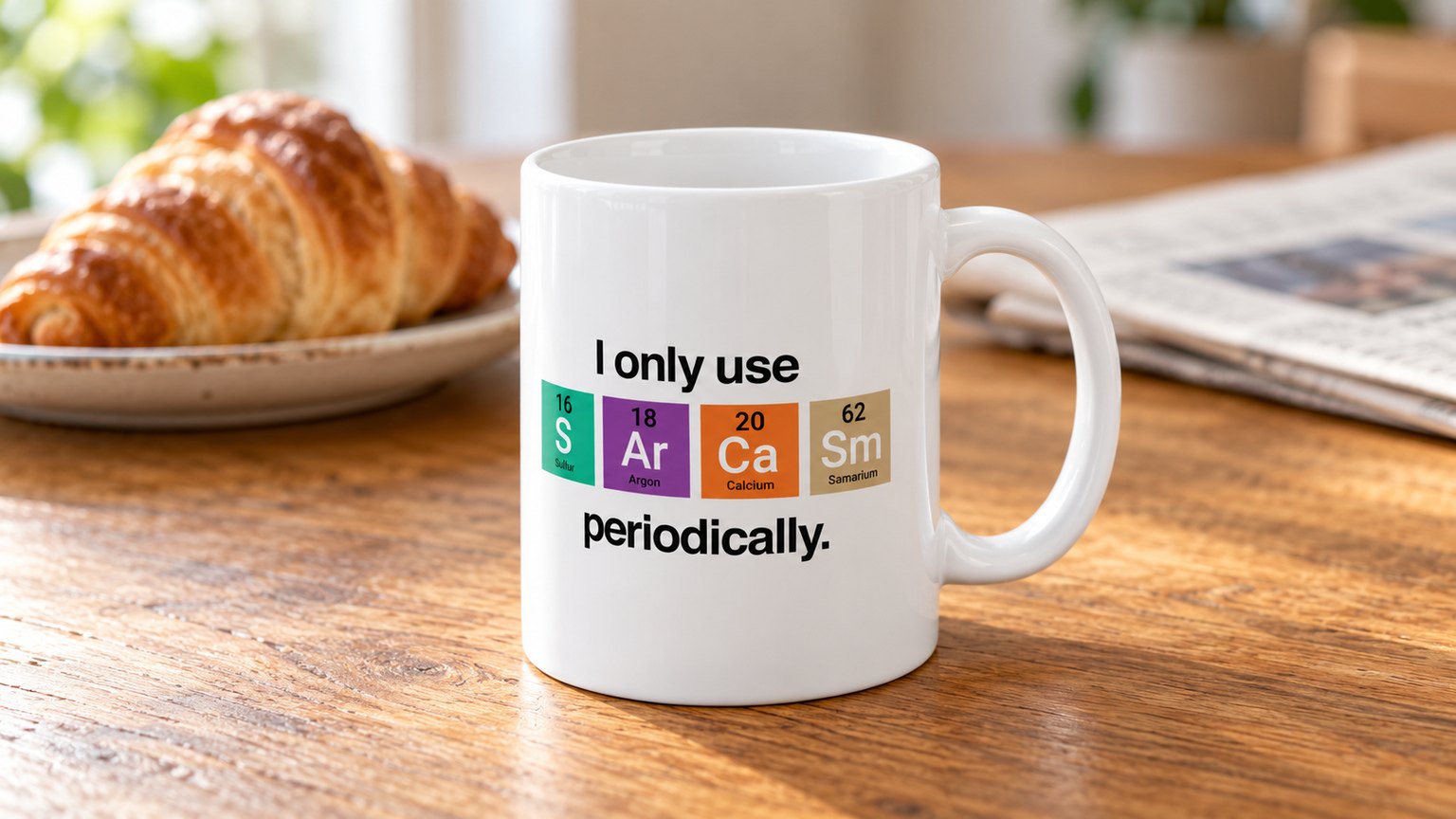 I Only Use Sarcasm mug on a kitchen table