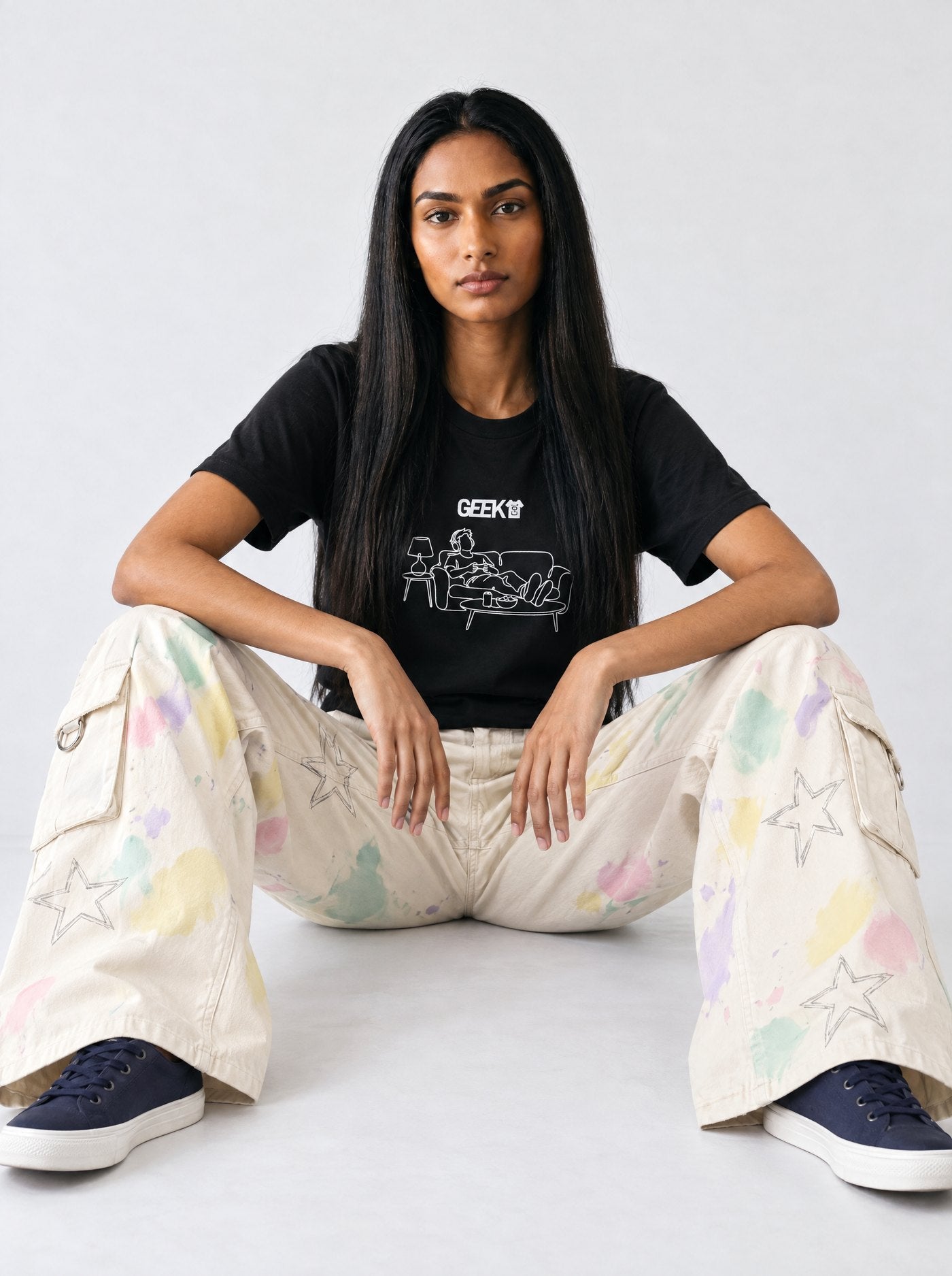 Model wearing The Gamer line art shirt in black, Signature Line by Geek T-Shirts Co.
