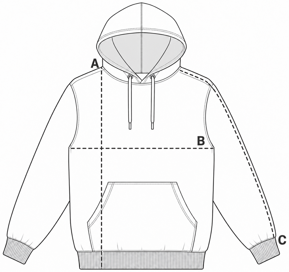 Hoodie measurement guide: A length, B chest, C sleeve