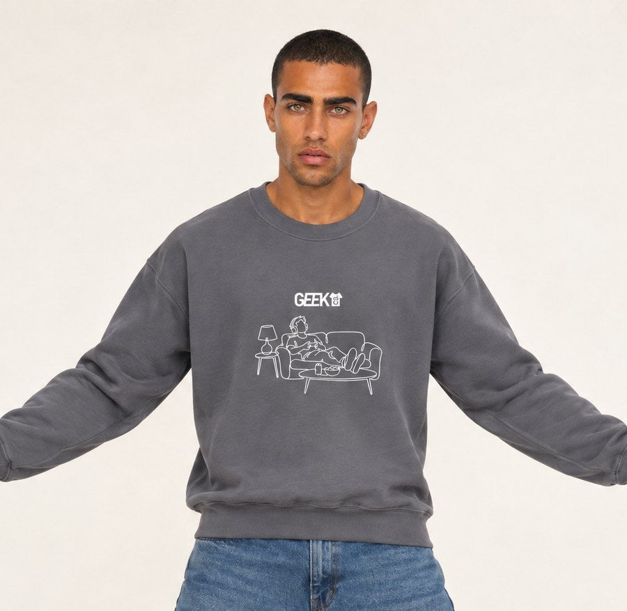 Model wearing The Gamer line art sweatshirt in charcoal, Signature Line by Geek T-Shirts Co.