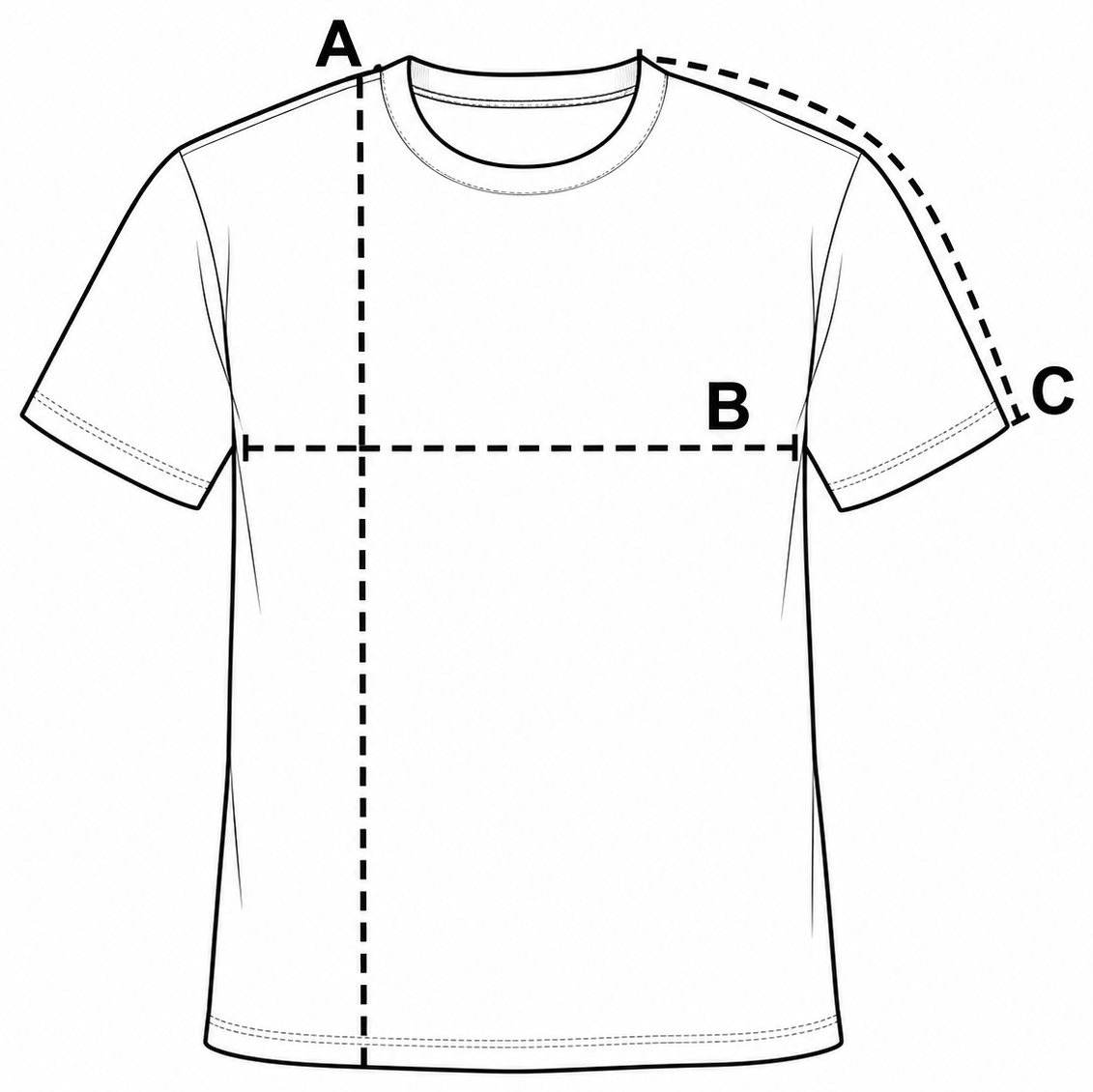 T-shirt measurement guide: A length, B chest, C sleeve